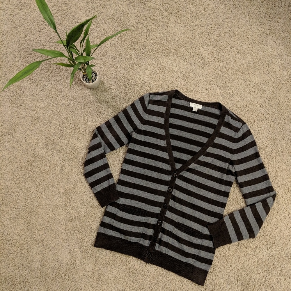 Ann Taylor Loft striped v neck cardigan gray brown